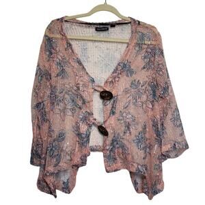 Nina Leonard Cardigan Women XL Pink Blue Mesh Knit Button Boho 3/4 Sleeve
